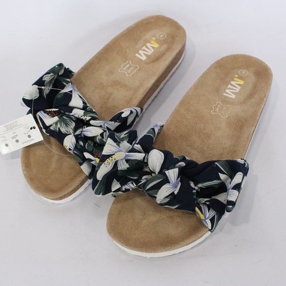 WTW Wonder The World Women's Size 8 Floral Flip-Flops Cork Leather Sandals Navy - Picture 1 of 7